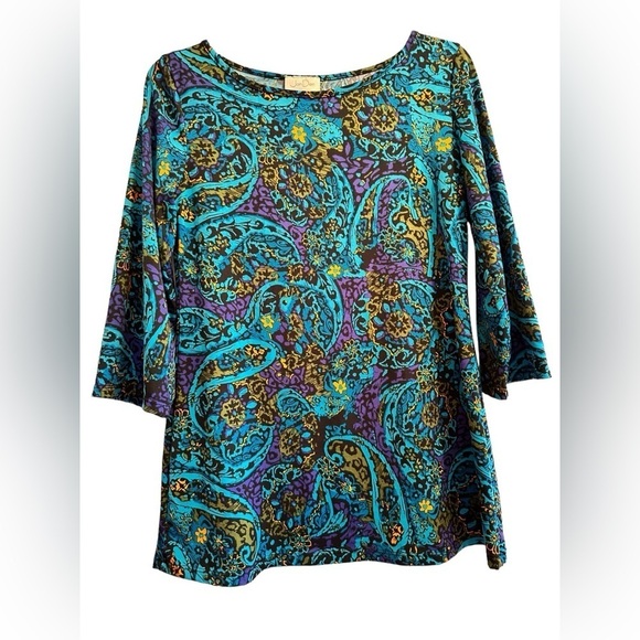 Jon Den Vibrant Paisley Blouse Womens Small Blue & Purple 3/4 Bell Sleeve Lovely - Picture 15 of 16